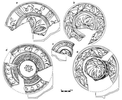 CERAMIKA NOWOŻYTNA Z BRZEGU 163 Ryc. 13. Brzeg, ul. Dzierżonia 10 12. Półmajolika: a b, d e brak danych; c wykop I, kloaka 5. Rys. S. Rodak Fig. 13. Brzeg, 10 12 Dzierżonia Street.