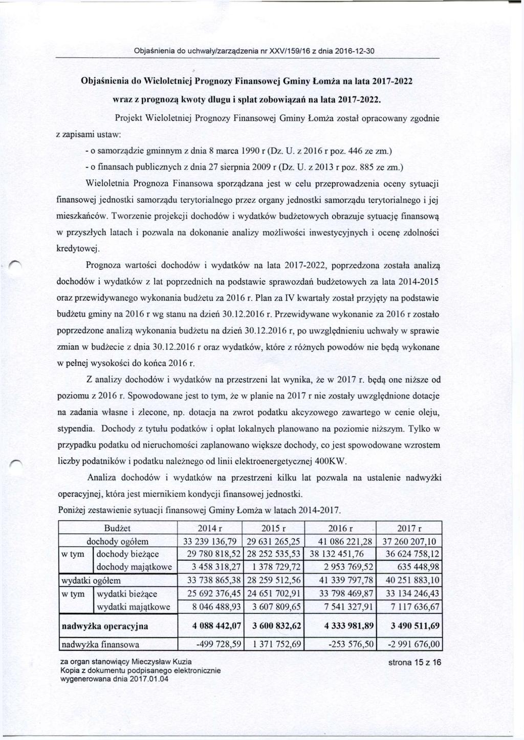 Objaśnienia do uchwały/zarządzenia nrxxv/159/16 z dnia 2016-12-30 Objaśnienia do Wieloletniej Prognozy Finansowej Gminy Łomża na lata 2017-2022 z zapisami ustaw: wraz z prognozą kwoty długu i spłat