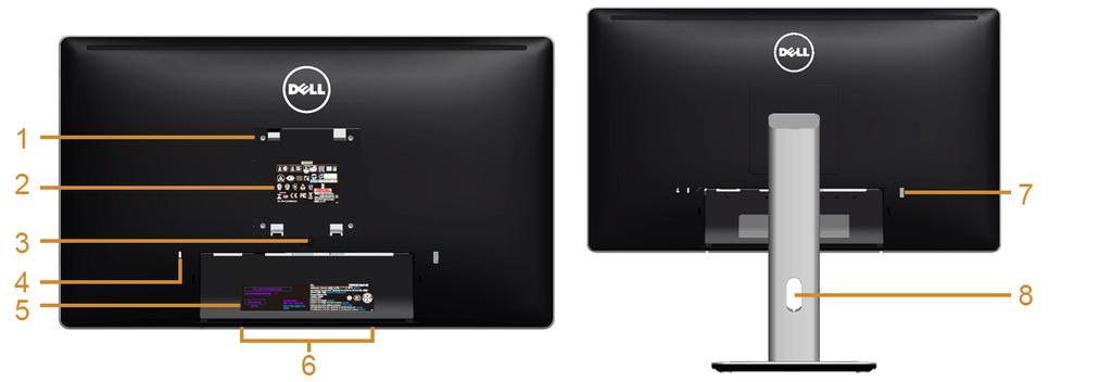 Widok z tyłu Widok z tyłu z podstawą monitora Etykieta Opis Użyj 1 Otwory montażowe VESA (100 mm x 100 mm za podłączoną pokrywą podstawy) 2 Etykieta z oznaczeniami prawnymi Montaż ścienny monitora