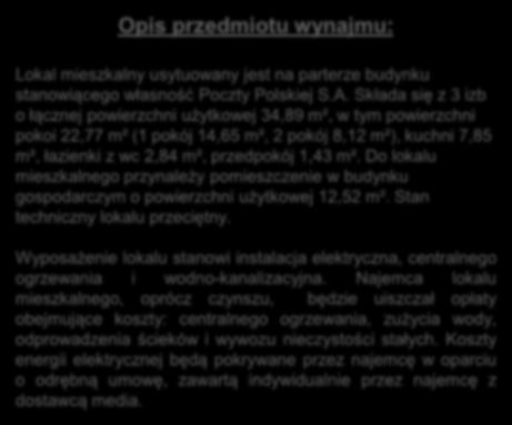Składa się z 3 izb o łącznej powierzchni użytkowej 34,89 m², w tym powierzchni pokoi 22,77 m² (1 pokój 14,65