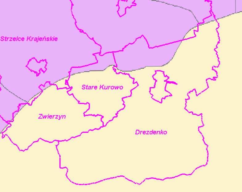 Rys. 4 Granica pomiędzy 315.32-Kotliną Gorzowską (żółty) a 314.6-7 Pojezierzem Południowopomorskim (314.62 Pojezierze Dobiegniewskie (fioletowy)), na tle podziału administracyjnego.