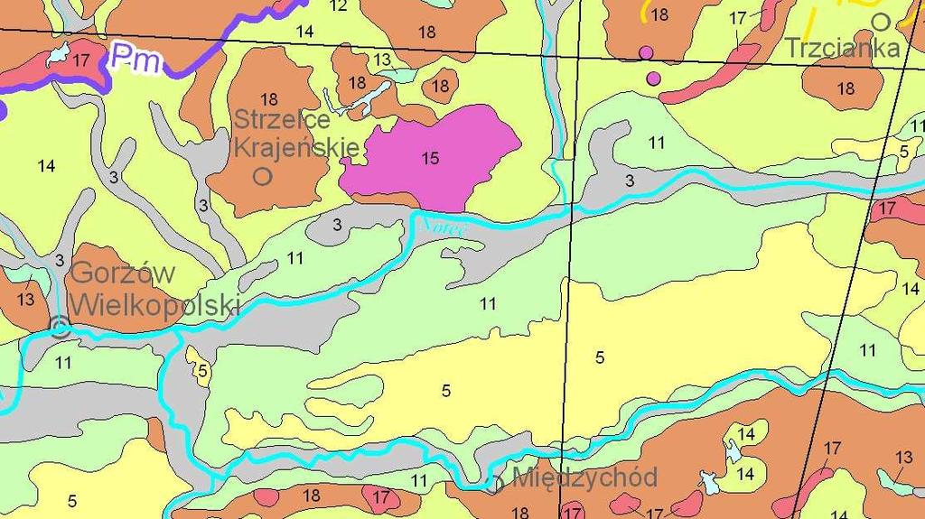 3 - piaski i namuły rzeczne tarasów zalewowych 2,0-4,0 m n.p. rzeki 11 piaski i żwiry rzeczne tarasów nadzalewowych 4,0 10,0 m Rys. 5 Lokalizacja terenów na tle mapy geologicznej Polski 1:5000.