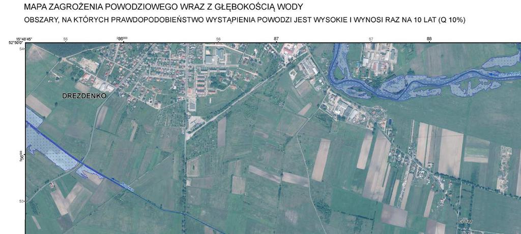 Rys. 10. Tereny zagrożone powodzią i ryzykiem zalania w przypadku zniszczenia wałów przeciwpowodziowych. Jak widać wody występujące raz na 500 lat, stanowią zagrożenie dla terenu nr 2.