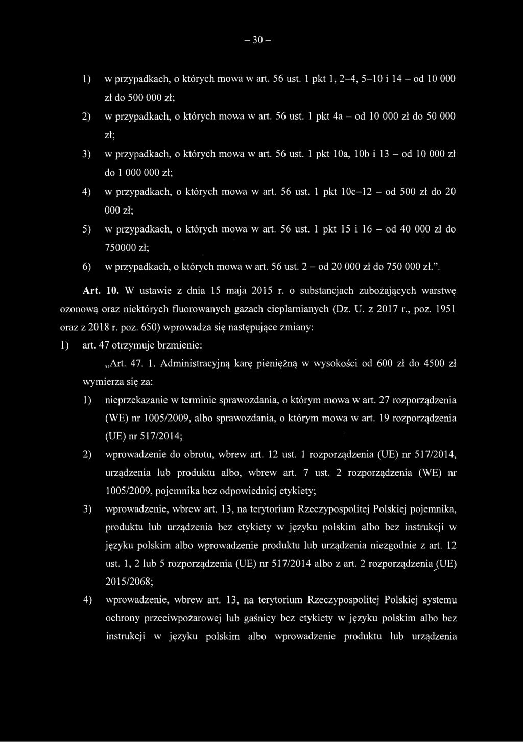 56 ust. 2 - od 20 000 zł do 750 000 zł.. Art. 10. W ustawie z dnia 15 maja 2015 r. o substancjach zubożających warstwę ozonową oraz niektórych fluorowanych gazach cieplarnianych (Dz. U. z 2017 r.