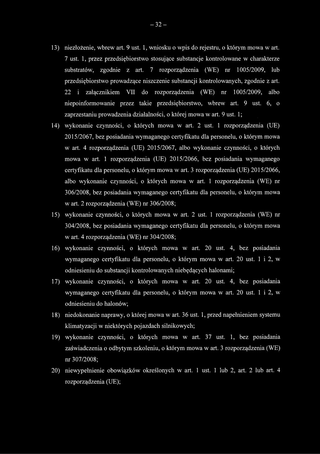 22 i załącznikiem VII do rozporządzenia (WE) nr 1005/2009, albo niepoinformowanie przez takie przedsiębiorstwo, wbrew art. 9 ust. 6, o zaprzestaniu prowadzenia działalności, o której mowa w art.