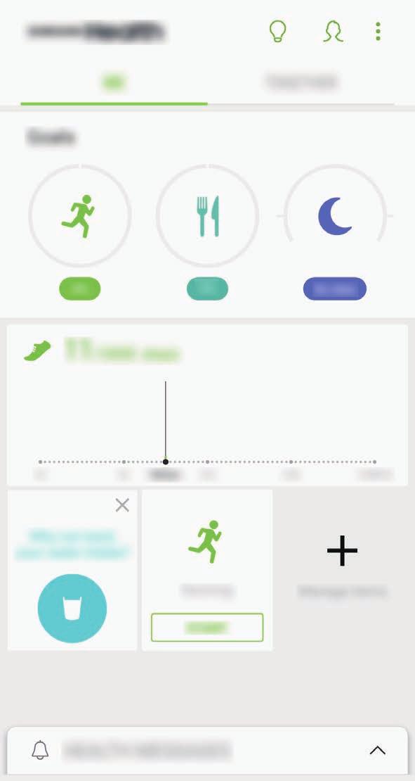 Aplikacje i funkcje Korzystanie z aplikacji Samsung Health Możesz wyświetlać najważniejsze informacje z menu aplikacji Samsung Health oraz aplikacji monitorujących twoje samopoczucie i kondycję.