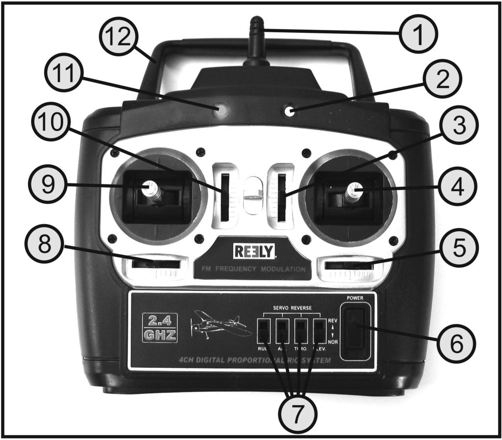 8. Elementy obsługi nadajnika Rysunek 2 1 Antena nadajnika 2 Dioda LED wskaźnika napięcia roboczego 3 Dźwignia trymera steru wysokości 4 Dźwignia sterująca steru kierunku i wysokości 5 Dźwignia