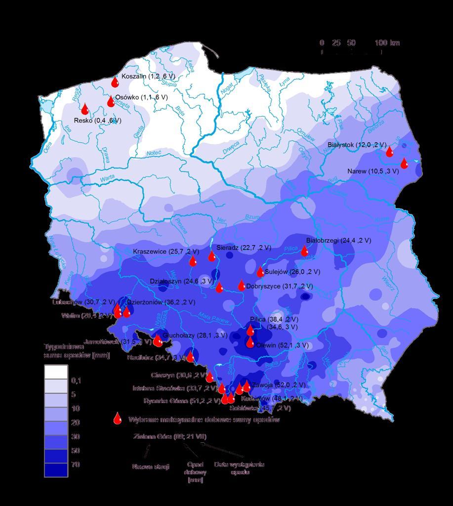 3. Rozkład tygodniowej sumy opadów oraz wybrane