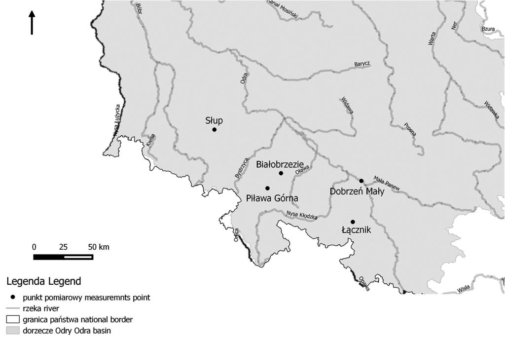 Ryc. 1. Lokalizacja punktów pomiarowych na tle głównych rzek dorzecza Odry Fig. 1. Location of measurement points on the background of the main rivers of the Odra basin Tabela 2.