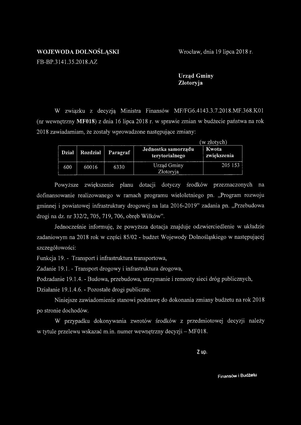 FB-BP.314l.35.2018.AZ Złotoryja (w złotych) zwiększenia 600 60016 6330 Złotoryja 205 153 Powyższe zwiększenie planu dotacji dotyczy środków przeznaczonych na drogi na dz.