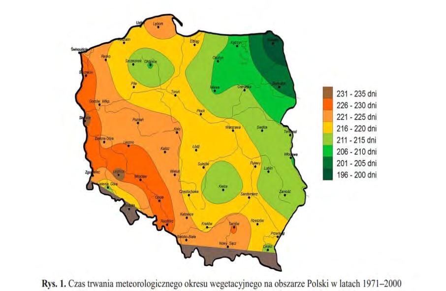 Zmiany klimatu a okres wegetacyjny W wyniku badań jednoznacznie wskazują na wydłużenie się czasu trwania meteorologicznego okresu wegetacyjnego na obszarze Polski.