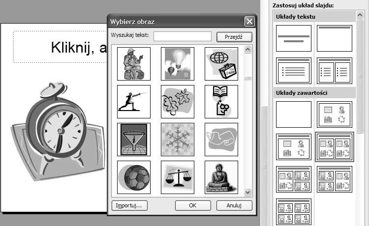 42 PowerPoint 2003 PL. Ćwiczenia Rysunek 3.28. Wstawianie klipartu Ćwiczenie 3.28. Rysunek 3.29.