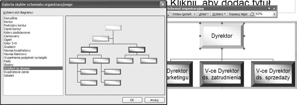 Aby zmienić sposób formatowania schematu organizacyjnego, wykonaj poniższe ćwiczenie: 1. Kliknij lewym przyciskiem myszy schemat organizacyjny, aby go zaznaczyć. 2.