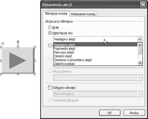 56 PowerPoint 2003 PL. Ćwiczenia Przyciski akcji Ćwiczenie 3.46. Rysunek 3.49. Przypisywanie akcji do autokształtu Bardzo specyficznymi autokształtami są Przyciski akcji.
