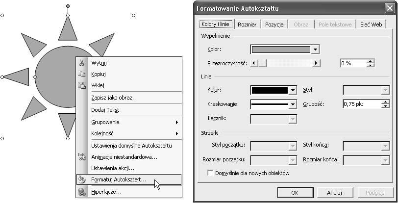 58 PowerPoint 2003 PL. Ćwiczenia Więcej autokształtów W praktyce ten typ autokształtu jest jedynie odmianą wstawiania klipartów.