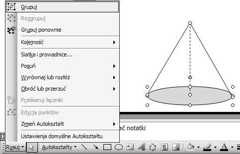 60 PowerPoint 2003 PL. Ćwiczenia Rysunek 3.53. Grupowanie obiektów 3. Z listy wybierz pozycję Grupuj. Tak zgrupowane obiekty będą teraz traktowane jako pojedynczy rysunek.