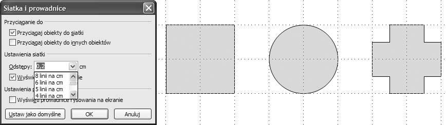62 PowerPoint 2003 PL. Ćwiczenia Rysunek 3.55. Ustalanie parametrów siatki Ćwiczenie 3.53. Rysunek 3.56. Przyciąganie obiektów do prowadnic 4. Wstaw gęstość siatki, rozwijając listę Odstępy. 5.