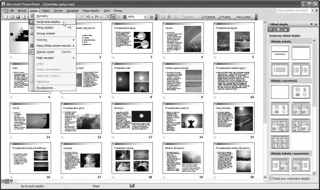 Rozdział 3. Edycja slajdów 67 Rysunek 3.62. Widok sortowania slajdów Powrót do poprzedniego widoku jest możliwy po wybraniu z górnego menu polecenia Widok/Normalny. Wyświetlanie prezentacji Rysunek 3.