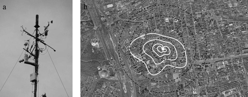 50, 75 and 90%, black dashed lines indicate 250, 500, 750 and 1000 m distances from the measurement site Google wysokości 11 m.