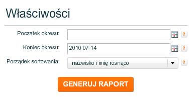Rysunek 166. Właściwości raportu Statusy użytkowników - łączny czas Należy określić Początek okresu (data do wybrania z kalendarza) i Koniec okresu (data do wybrania z kalendarza).