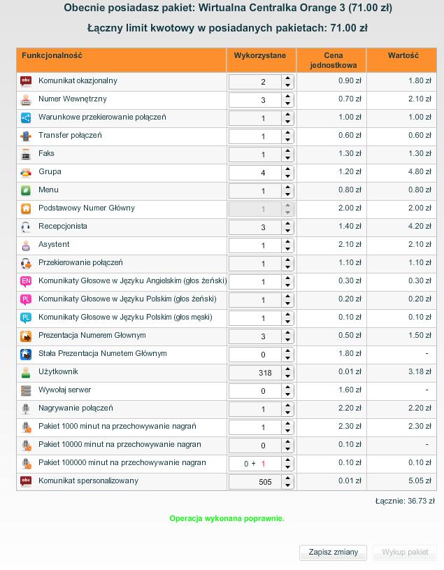 Dokupowanie lub sprzedawanie funkcjonalności odbywa się poprzez wybranie odpowiednio przycisków [ ] oraz [ ] w kolumnie Wykorzystane dla poszczególnych funkcjonalności.