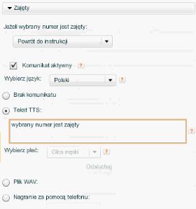 W przypadku zajętości numeru możliwe są następujące akcje: Powrót do instrukcji Wewnętrzny, Rozłączenie, Przejście na dowolny element, który można również dodać do schematu centralki (np.