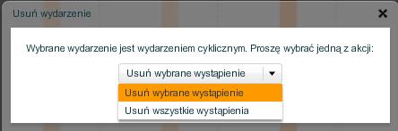 formularza edycji zdefiniowanego zdarzenia. Po wybraniu przycisku usunięcia zdarzenia pojawia się okno z komunikatem potwierdzenia usunięcia zdarzenia.