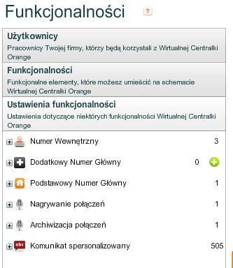 3.3. Ustawienia funkcjonalności Aplikacja Administratora - Podręcznik Użytkownika - VPABX Wirtualna Centralka Orange posiada także zestaw funkcjonalności, które istnieją i są konfigurowalne pomimo,