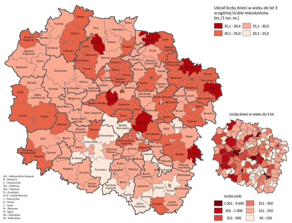 Ryc. 41. Liczba dzieci w wieku do 3 lat na 1 tys. ludności w 2017 r. wg gmin Źródło: Opracowanie własne WAiE DRR UMWK-P na podstawie danych z BDL GUS pobranych w dniu 31.07.2018 r.