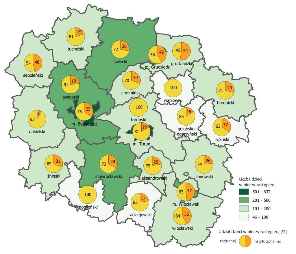 Ryc. 64. Liczba dzieci umieszczonych w pieczy zastępczej rodzinnej i instytucjonalnej w 2017 r.