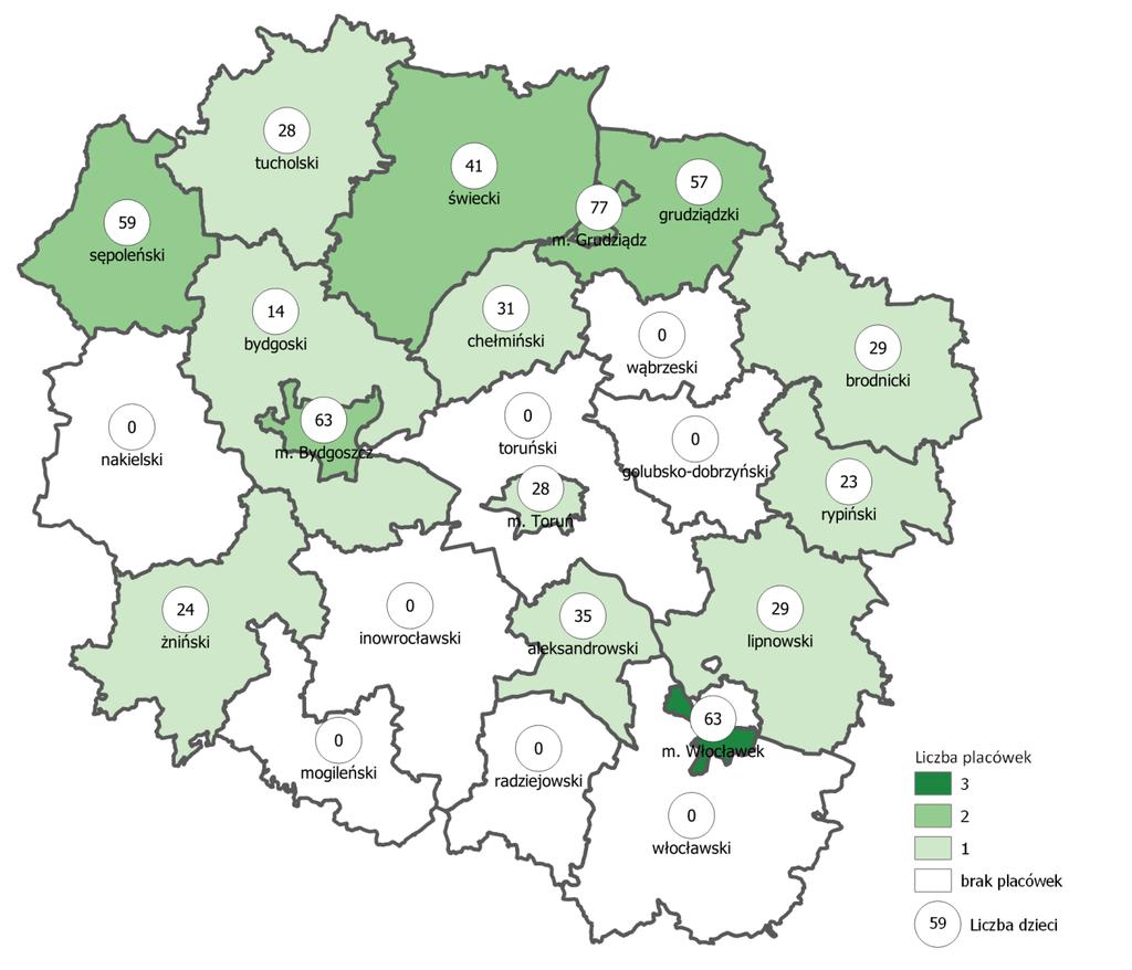 Ryc. 66. Placówki opiekuńczo-wychowawcze powyżej 14 miejsc oraz liczba dzieci w nich przebywających w 2017 r.