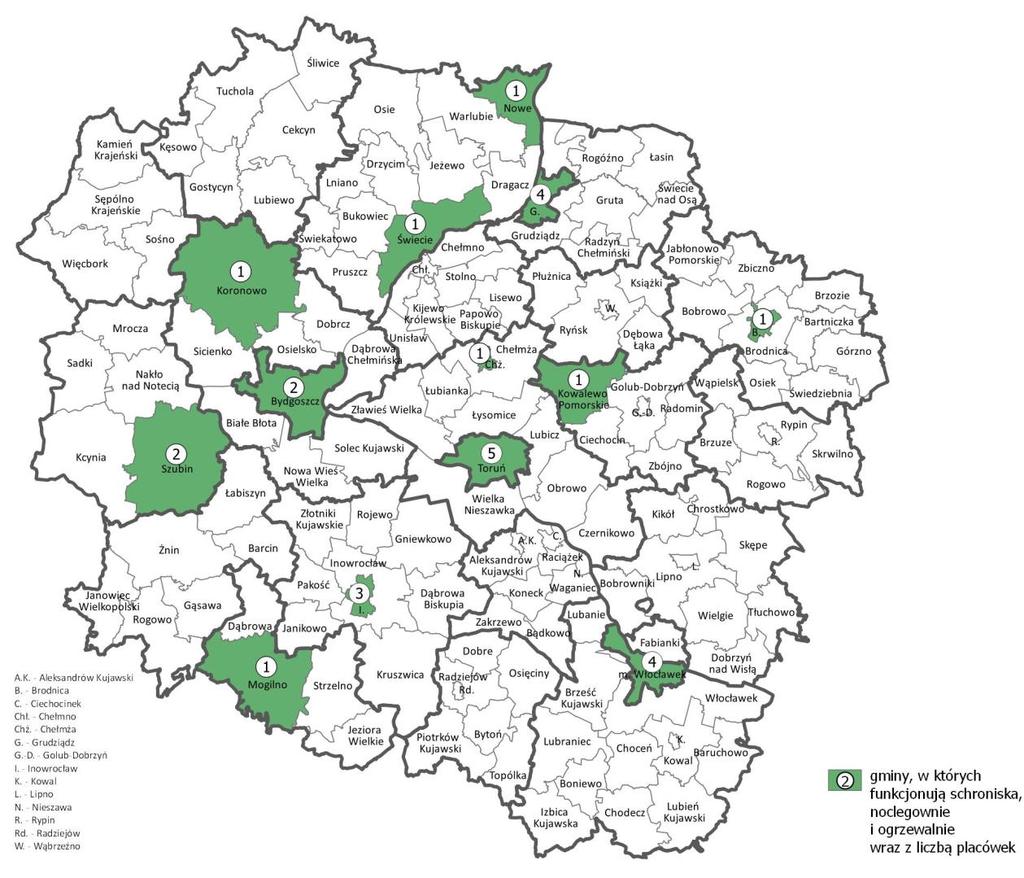 Ryc. 70. Schroniska, noclegownie i ogrzewalnie dla osób bezdomnych w 2017 r.