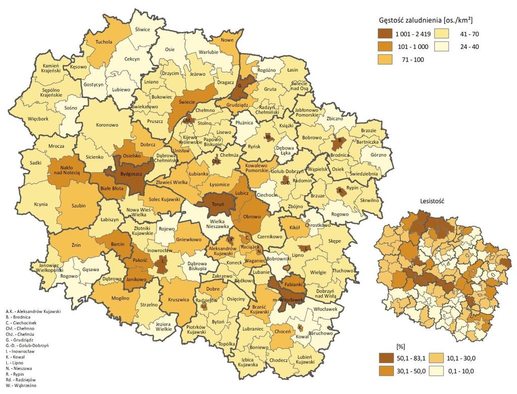 zaludnienia. Przy wysokim wskaźniku lesistości (odpowiednio 74% i 47%) wyniosła ona odpowiednio 96 (Solec Kujawski) i 85 (Tuchola) osób na km².