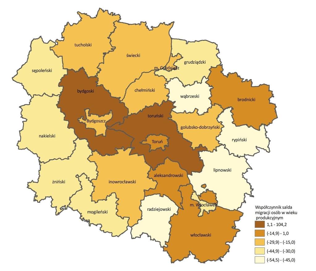 Ryc. 15. Współczynnik salda migracji osób w wieku produkcyjnym (kobiet w wieku 18-59 lat i mężczyzn w wieku 18-64 lata) w 2017 r.