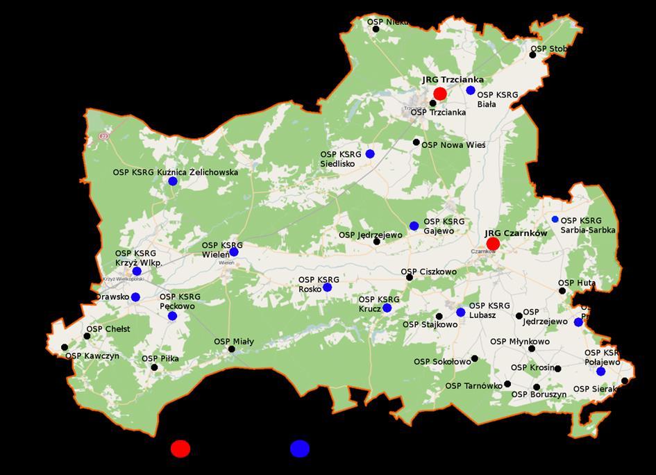 Mapa powiatu z zaznaczonymi JRG, OSP w KSRG i poza KSRG. 6.2. Państwowa Straż Pożarna.