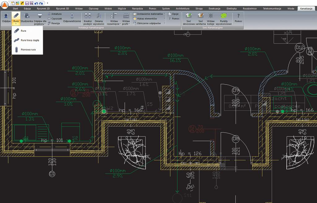 2 ArCADia-INSTALACJE KANALIZACYJNE Pozwala na wykonanie profesjonalnej dokumentacji projektu instalacji kanalizacyjnej na podkładach architektoniczno-budowlanych.