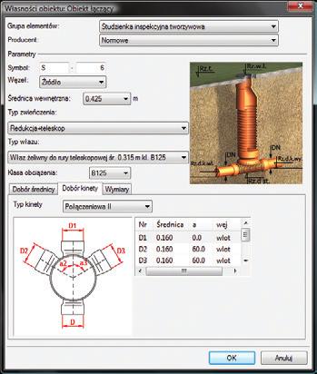 Dzięki połączeniu z bazą rurociągów, kształtek, armatury i obiektów kanalizacyjnych użytkownik może dobrać szczegółowo dowolny obiekt z zachowaniem rzeczywistych parametrów.