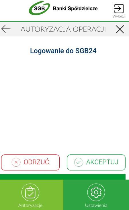 Użytkownik loguje się do aplikacji Token SGB poprzez wprowadzenie PIN-u. 7. Aplikacja Token SGB prezentuje dane dyspozycji logowania. 8.