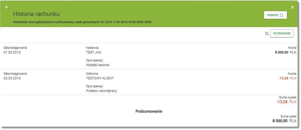 System umożliwia filtrowanie listy rachunków po wybraniu ikony a następnie po wpisaniu danych w polu wyszukiwania: znajdującej się nad listą, System filtruje prezentowaną na stronie listę już po