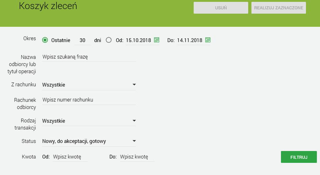Lista płatności w koszyku jest stronicowana. System wyświetla listę 10 pierwszych rekordów z możliwością przechodzenia między stronami za pomocą przycisków nawigacyjnych dostępnych pod listą.