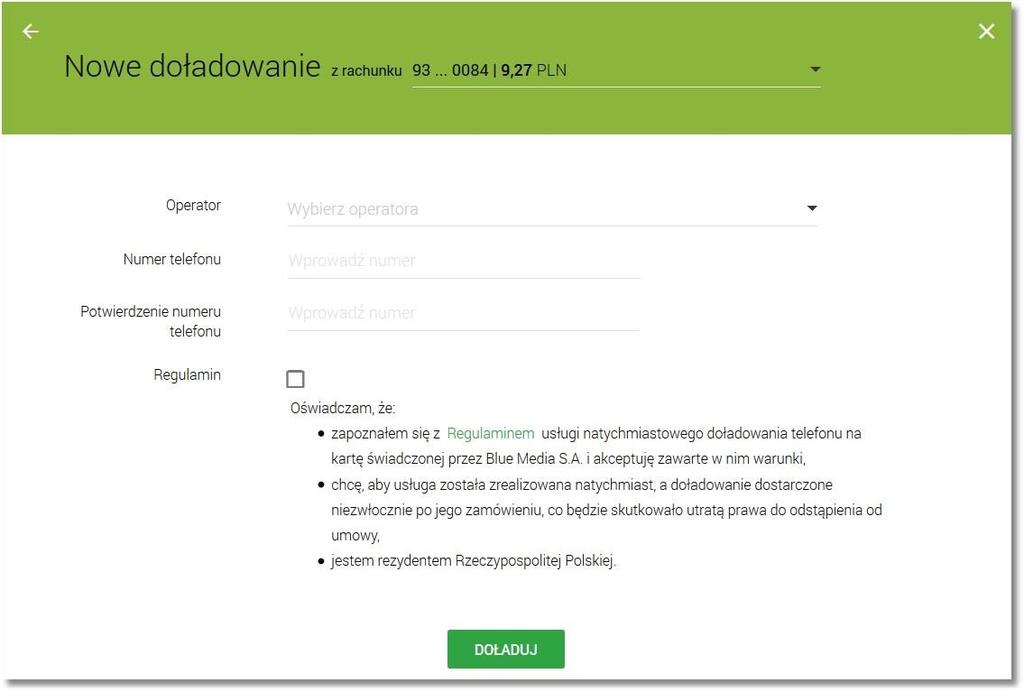 o kwoty w kolejności rosnącej oraz poniżej kwot pole do wpisania dowolnej kwoty w pełnych złotych z wyświetlonym zakresem kwot doładowania wybranego operatora, o pole do wpisania dowolnej kwoty staje