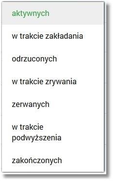 System umożliwia filtrowanie listy lokat po wybraniu odpowiedniej wartości w polu Lista lokat: Kliknięcie w wiersz wybranej lokaty powoduje wyświetlenie dodatkowych informacji na temat lokaty oraz