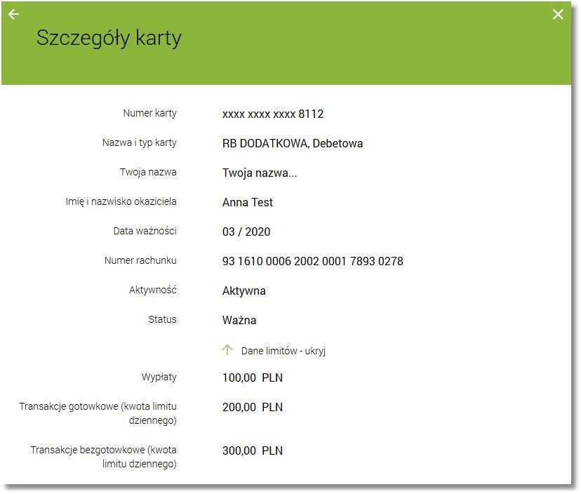 Modyfikacja nazwy własnej karty W celu ułatwienia identyfikacji karty, użytkownik z poziomu listy kart oraz szczegółów karty ma możliwość modyfikacji nazwy własnej za pomocą ikonki znajdującej się