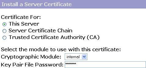 Zaznaczamy opcję This Server i wpisujemy hasło chroniące klucz prywatny: Wpisujemy nazwę certyfikatu w pole Certificate Name (choć nie jest to obowiązkowe pole) oraz wklejamy certyfikat naszego