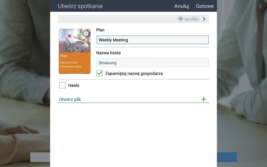 WWW i sieć 3 Sprawdź, jakie informacje o sieci należy udostępnić innym, określ szczegóły dotyczące spotkania, a następnie dotknij opcji Gotowe. Aby dodać pliki do spotkania, dotknij ikony.