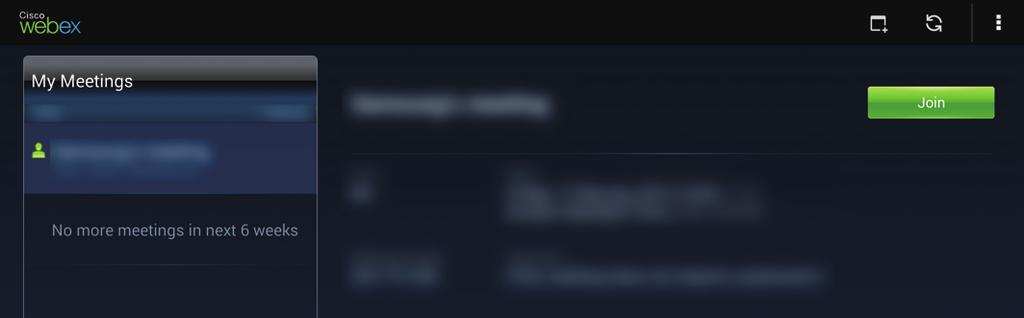 WWW i sieć Dołączanie do spotkania przez wybór spotkania w obszarze My Meetings 1 Dotknij WebEx na ekranie aplikacji. 2 Zaloguj się na swoje konto usługi WebEx.