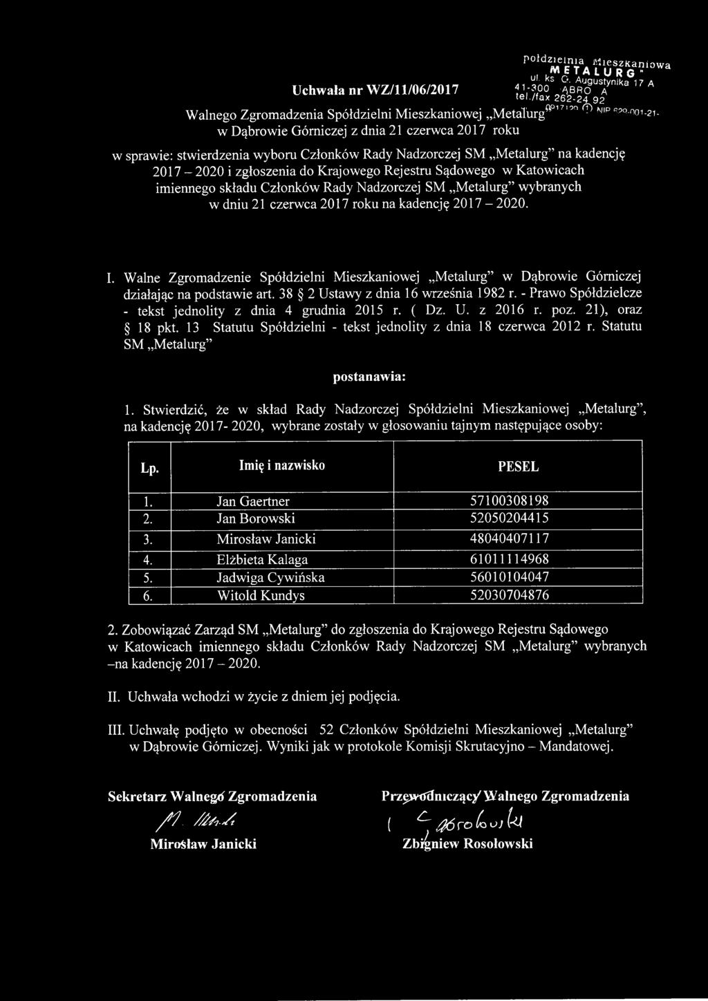 zgłoszenia do Krajowego Rejestru Sądowego w Katowicach imiennego składu Członków Rady Nadzorczej SM Metalurg wybranych w dniu 21 czerwca 2017 roku na kadencję 2017-2020. I.