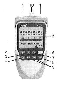 napięcia V 4 Włącznik latarki 4 Przycisk testu mapy połączeń TEST 5 Wskaźnik trybu pracy 5 Wskaźniki diodowe LED 6 Latarka 6 Funkcja szukacza par SCAN 7 Gniazdo słuchawki 8 - Pokrętło regulacji