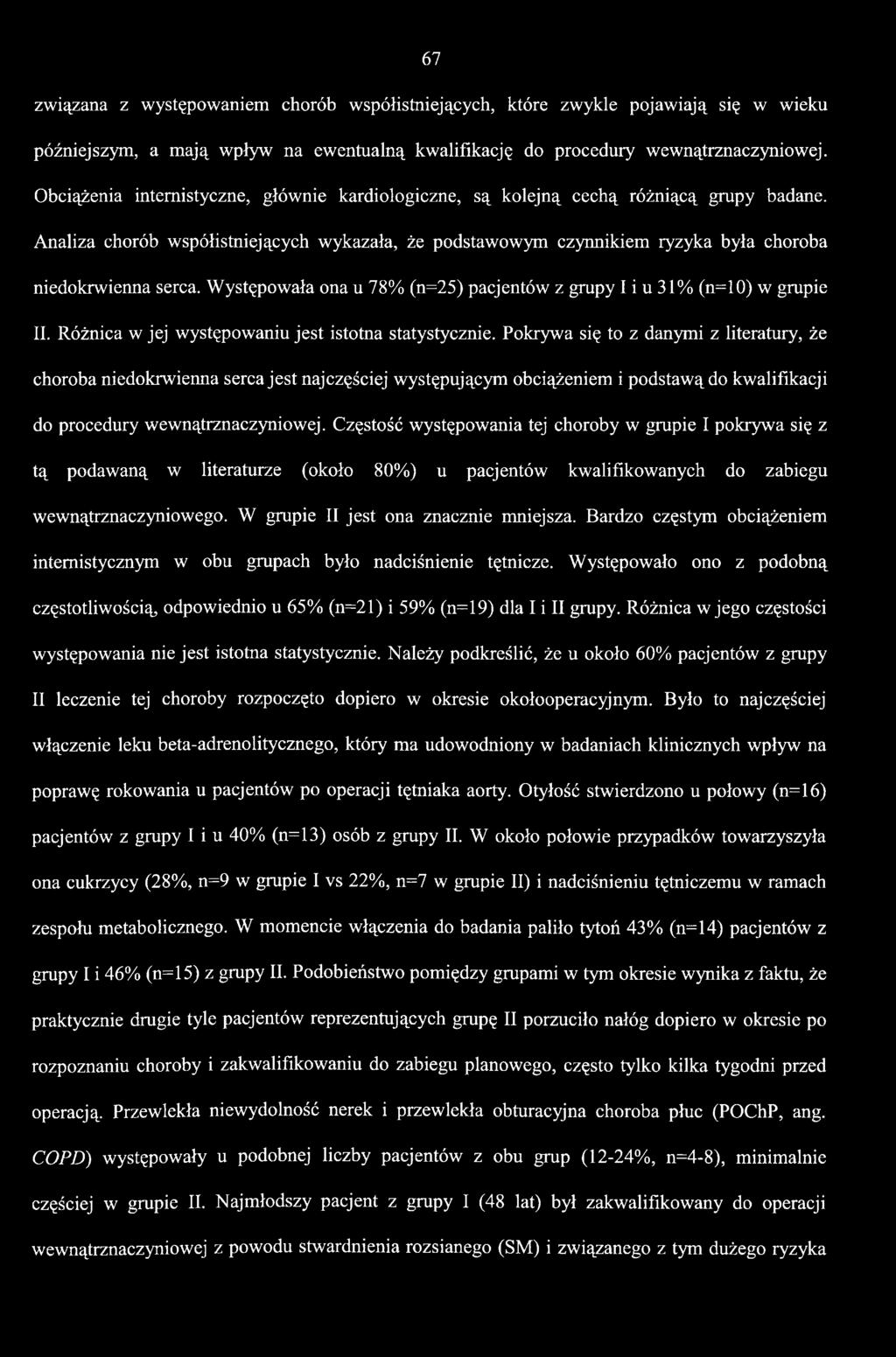 Częstość występowania tej choroby w grupie I pokrywa się z tą podawaną w literaturze (około 80%) u pacjentów kwalifikowanych do zabiegu wewnątrznaczyniowego. W grupie II jest ona znacznie mniejsza.