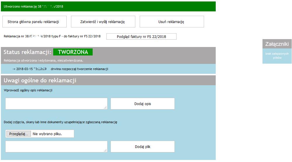 W kolejnym kroku możliwe jest wprowadzenie szczegółów do nowoutworzonej reklamacji.